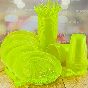 Kit Festa 50 PESSOAS DESCARTAVEIS AMARELO NEON GARFO + PRATO + COPO
