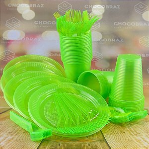Kit Festa 50 PESSOAS DESCARTAVEIS VERDE CLARO NEON GARFO + PRATO + COPO