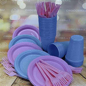 Kit Festa 50 PESSOAS DESCARTAVEIS CHÁ REVELAÇÃO GARFO + PRATO + COPO AZUL CANDY E  ROSA CANDY