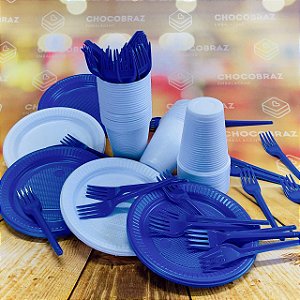 Kit Festa 50 PESSOAS DESCARTAVEIS  GARFO + PRATO + COPO AZUL E BRANCO