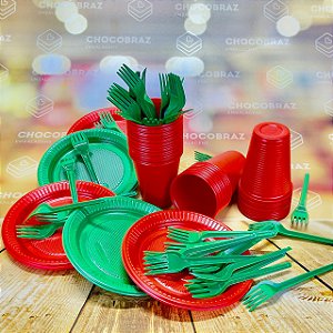 Kit Festa 50 PESSOAS DESCARTAVEIS NATAL GARFO + PRATO + COPO VERDE E VERMELHO