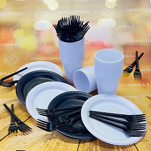 Kit Festa 50 PESSOAS DESCARTAVEIS  GARFO + PRATO + COPO PRETO  E BRANCO