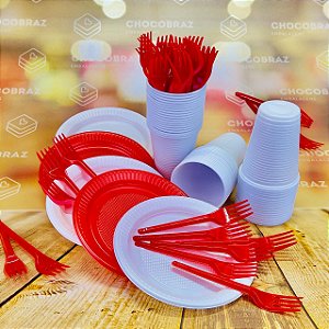 Kit Festa 50 PESSOAS DESCARTAVEIS GARFO + PRATO + COPO (BRANCO E VERMELHO)