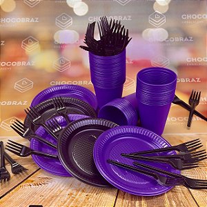 Kit Festa 50 PESSOAS DESCARTAVEIS GARFO + PRATO E COPO (ROXO E PRETO)