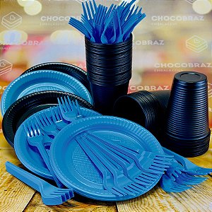 Kit Festa 50 PESSOAS DESCARTAVEIS GARFO + PRATO + COPO (PRETO E AZUL CL)
