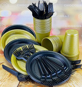 Kit Festa 50 PESSOAS DESCARTAVEIS PRETO E DOURADO GARFO + PRATO + COPO