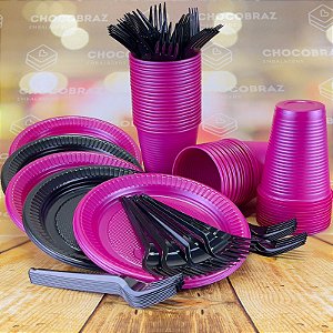 Kit Festa 50 PESSOAS DESCARTAVEIS PRETO E FUCSIA GARFO + PRATO + COPO