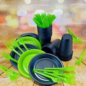 Kit Festa 50 PESSOAS DESCARTAVEIS PRETO E VERDE LIMÃO GARFO + PRATO + COPO