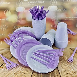 Kit Festa 50 PESSOAS DESCARTAVEIS LILÁS CANDY E BRANCO GARFO + PRATO + COPO