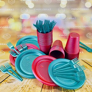 Kit Festa 50 PESSOAS DESCARTAVEIS VERMELHO PEROLADO E VERDE PEROLADO GARFO + PRATO + COPO