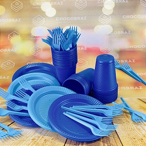Kit Festa 50 PESSOAS DESCARTAVEIS AZUL E AZUL CLARO CANDY  GARFO + PRATO + COPO