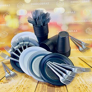 Kit Festa 50 PESSOAS DESCARTAVEIS BRANCO PRATA E PRETO  GARFO + PRATO + COPO