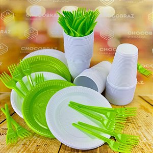 Kit Festa 50 PESSOAS DESCARTAVEIS BRANCO  E VERDE LIMÃO GARFO + PRATO + COPO