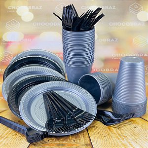 Kit Festa 50 PESSOAS DESCARTAVEIS PRETO E PRATA  GARFO + PRATO + COPO