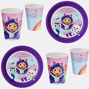 Kit Festa CASA MAGICA DA GABBY 16 Pratos + 16 Copos Descartável 200 Ml Papel - FESTCOLOR