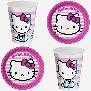 Kit Festa HELLO KITTY ROSA 16 Pratos + 16 Copos Descartável 200 Ml Papel - FESTCOLOR