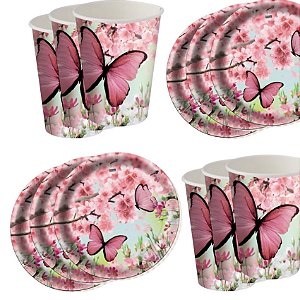 Kit Festa JARDIM ENCANTADO BORBOLETAS 8 Pratos + 8 Copos Descartável 200 Ml Papel - FESTCOLOR