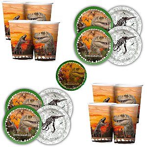 Kit Festa  DINOSSAURO  8 Pratos + 8 Copos Descartável 180 Ml Papel - REGINA