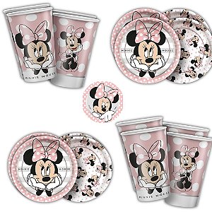 Kit Festa  MINNIE MOUSE ROSA 16 Pratos + 16 Copos Descartável 180 Ml Papel - REGINA