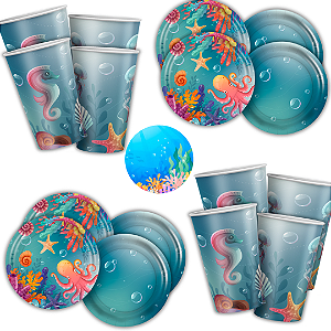 Kit Festa FUNDO DO MAR 16 Pratos + 16 Copos Descartável 180 Ml Papel - REGINA