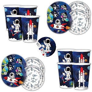 Kit Festa ASTRONAUTA  ESPACIAL 16 Pratos + 16 Copos Descartável 180 Ml Papel - REGINA