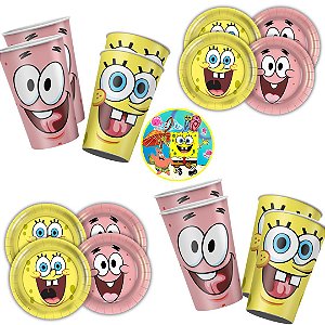 Kit Festa  BOB ESPONJA 16 Pratos + 16 Copos Descartável 180 Ml Papel - REGINA