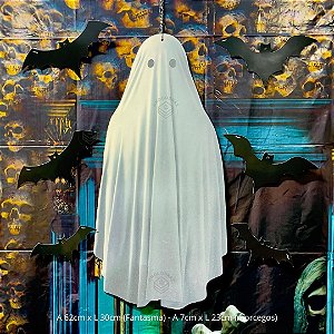 DECORAÇÃO DE PENDURAR FANTASMA 62x30cm HALLOWEEN + 6 MORCEGO 7x23cm REGINA