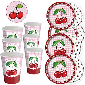 Kit Festa CEREJA FESTA CHERRY 16 Pratos + 16 Copos Descartável 200 Ml Papel - FESTCOLOR
