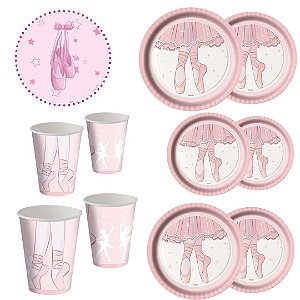 KIT FESTA BAILARINA 8 PRATOS + 8 COPOS DESCARTÁVEL 200 ML PAPEL - FESTCOLOR