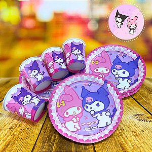 KIT FESTA MY MELODY E KUROMI 16 PRATOS + 16 COPOS DESCARTÁVEL 200 ML PAPEL - FESTCOLOR