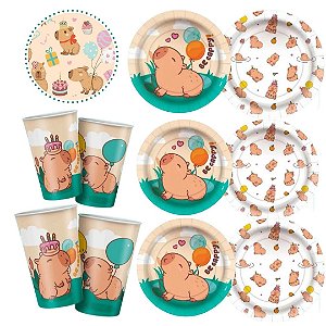 KIT FESTA CAPIVARA 8 PRATOS + 8 COPOS DESCARTÁVEL 180 ML PAPEL - REGINA