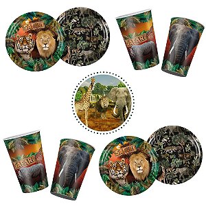 KIT FESTA SAFARI 8 PRATOS + 8 COPOS DESCARTÁVEL 180 ML PAPEL - REGINA