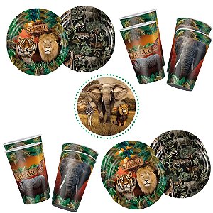 KIT FESTA SAFARI 16 PRATOS + 16 COPOS DESCARTÁVEL 180 ML PAPEL - REGINA