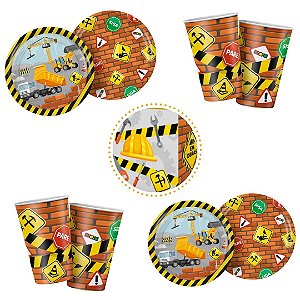KIT FESTA CONSTRUÇÃO 8 PRATOS + 8 COPOS DESCARTÁVEL 180 ML PAPEL - REGINA