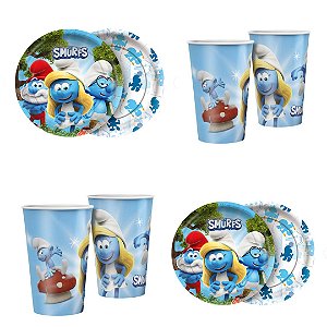 KIT FESTA  OS SMURFS 8 PRATOS + 8 COPOS DESCARTÁVEL 180 ML PAPEL - REGINA