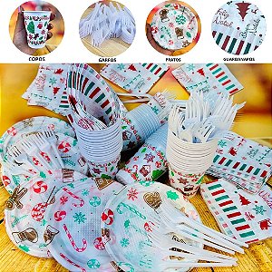 KIT FESTA NATAL 50 PESSOAS COPOS+PRATOS+GARFOS+GUARDANAPO