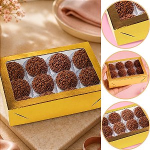 10 CAIXA LAMINADA C/ VISOR (12 DOCES) 4x16x12 cm OURO 4673  (IDEIA) LAMINADAS