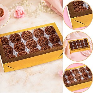 10 CAIXA LAMINADA C/ VISOR (15 DOCES)  4x20x12 cm OURO 4674 (IDEIA) LAMINADAS