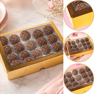 10 CAIXA LAMINADA C/ VISOR (20 DOCES) 4x20x16 cm OURO 4676 (IDEIA) LAMINADAS
