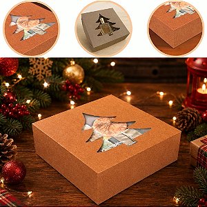 10 CAIXA P/ BISCOITOS C/ VISOR ARVORE KRAFT 15X15X5 6295 ( NATAL IDEIA 2026 )