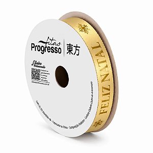 ROLO DE 10 METROS DE FITA CETIM 15MM FELIZ NATAL OURO 529 ( PROGRESSO ) XXXXXX SAIDA AUTOMATICA