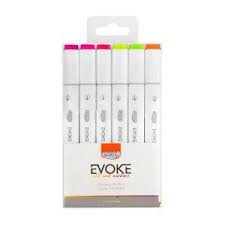 Marcador Artístico EVOKE, Cores Neon Dual Marker - Kit 6 cores
