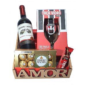 Cesta Amor São Paulo Com Chocolates, Vinho E Taça Times De Futebol