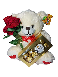 Presente Elegante Urso com Flores e Chocolates Dia dos Namorados