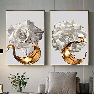 Quadro Flores Brancas com Dourado