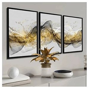 Quadros Decorativos Abstrato Dourado Efeito Ondas Luxo 60x40 cada com vidro