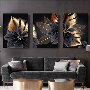 Quadros Flores Negras com Dourado