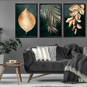 Trio com Moldura e Vidro - Folhagens Verde Gold
