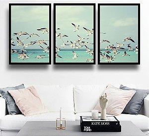 Trio com Moldura e Vidro - Gaivotas Mar