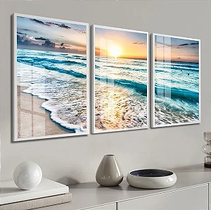 Trio com Moldura e Vidro - Mar e Por do Sol